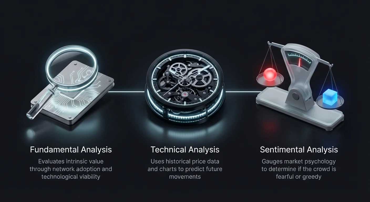 Clean infographic overview of the three fundamental pillars of market analysis for technical trading plans and checklists.