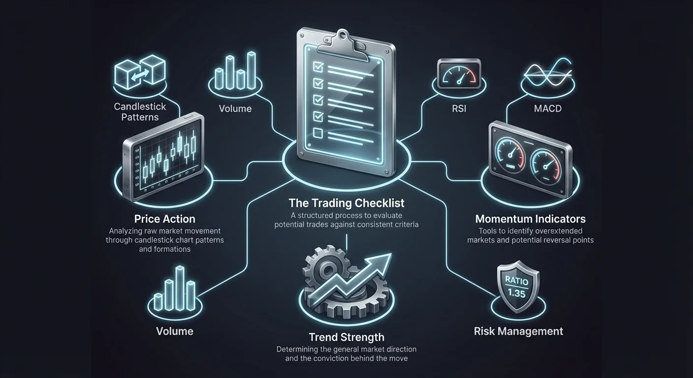 Detailed infographic with hub-and-spoke layout illustrating how candlestick patterns, momentum indicators, and other technical tools contribute to building a robust trading checklist for better decisions.
