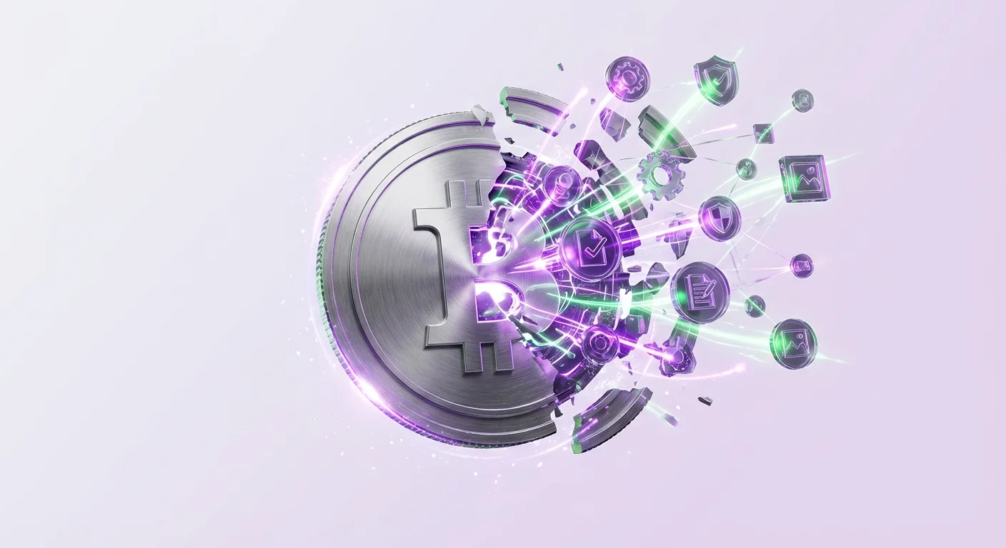 A Bitcoin-like coin dynamically fracturing to release a burst of smaller, glowing, diverse tokens, illustrating the evolution from one cryptocurrency to a vibrant altcoin ecosystem.
