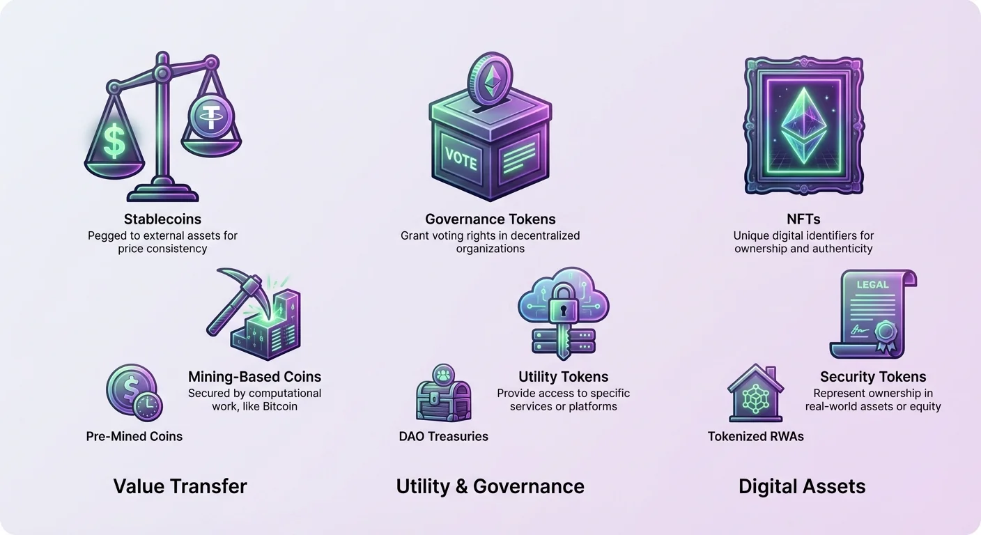 Infographic categorizing altcoins by function: Value Transfer (stablecoins, mining-based coins, pre-mined coins); Utility & Governance (governance tokens, utility tokens, DAO treasuries); Digital Assets (NFTs, security tokens, tokenized RWAs).