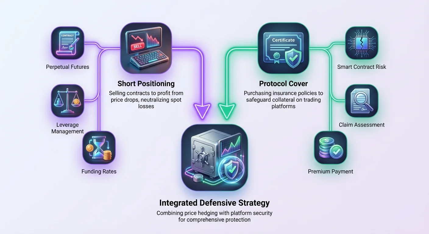 Detailed infographic illustrating the integrated defensive strategy for crypto bear markets, using converging flows to combine short positioning and protocol cover into one comprehensive approach.