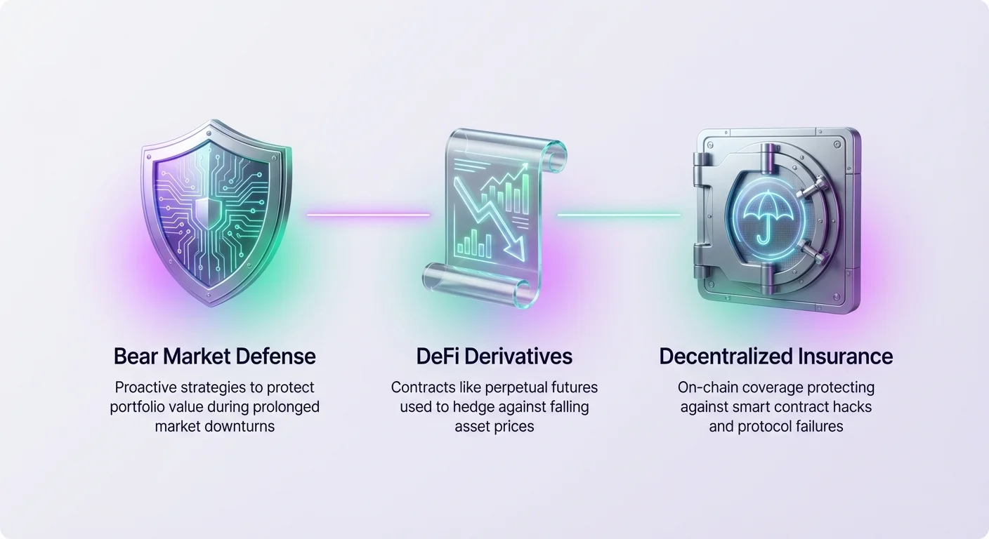 High-level infographic overview of the defensive playbook for crypto bear markets, featuring prominent icons for derivatives and insurance pillars.