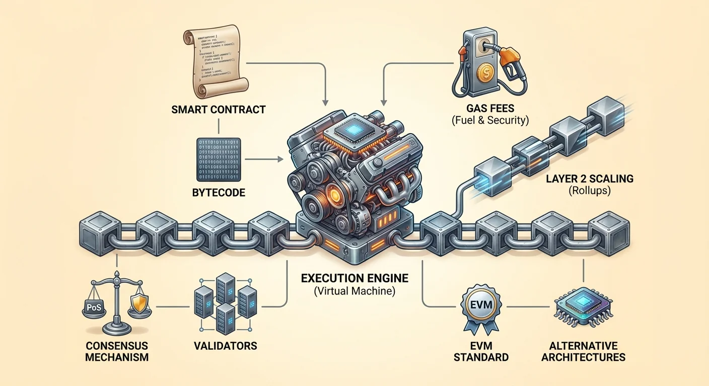 Infographic showing execution engine as central hub on Layer 1 blockchain foundation, with smart contract and gas fee inputs, consensus mechanism, validators, and Layer 2 rollups branch. Details bytecode, EVM, alternatives.