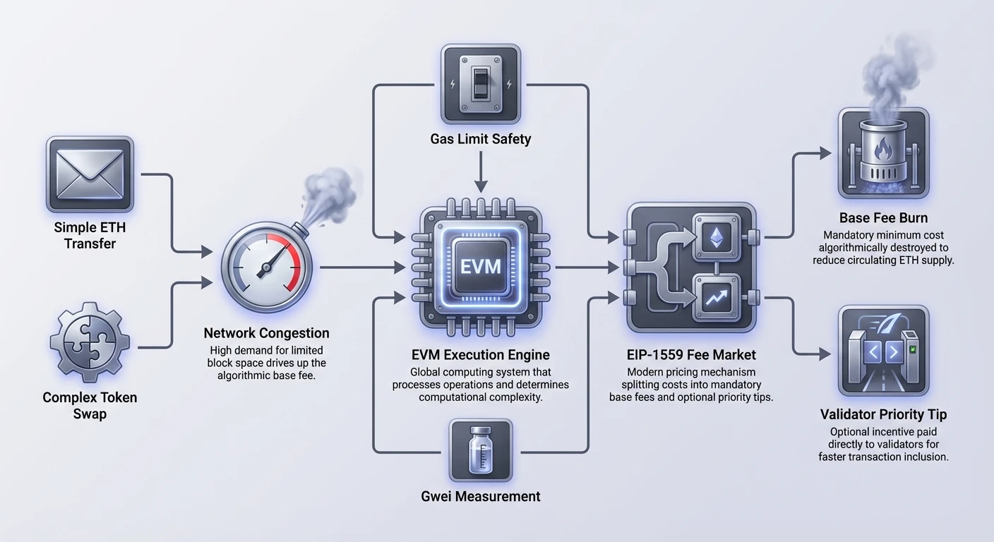 Infographic depicting Ethereum EIP-1559 fee mechanism as a flow: transaction types and network congestion enter EVM execution engine, splitting into burned base fee and validator priority tip.