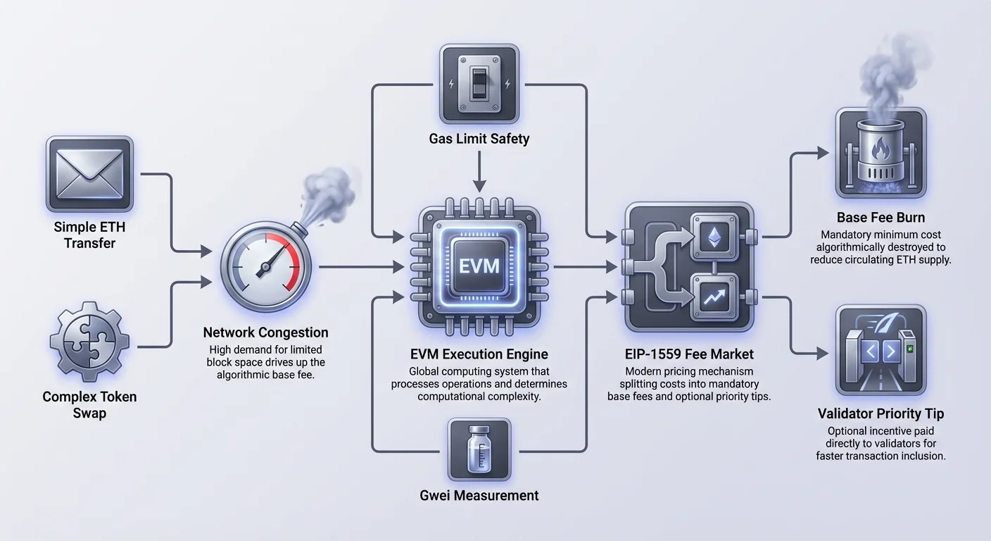 Infographic depicting Ethereum EIP-1559 fee mechanism as a flow: transaction types and network congestion enter EVM execution engine, splitting into burned base fee and validator priority tip.