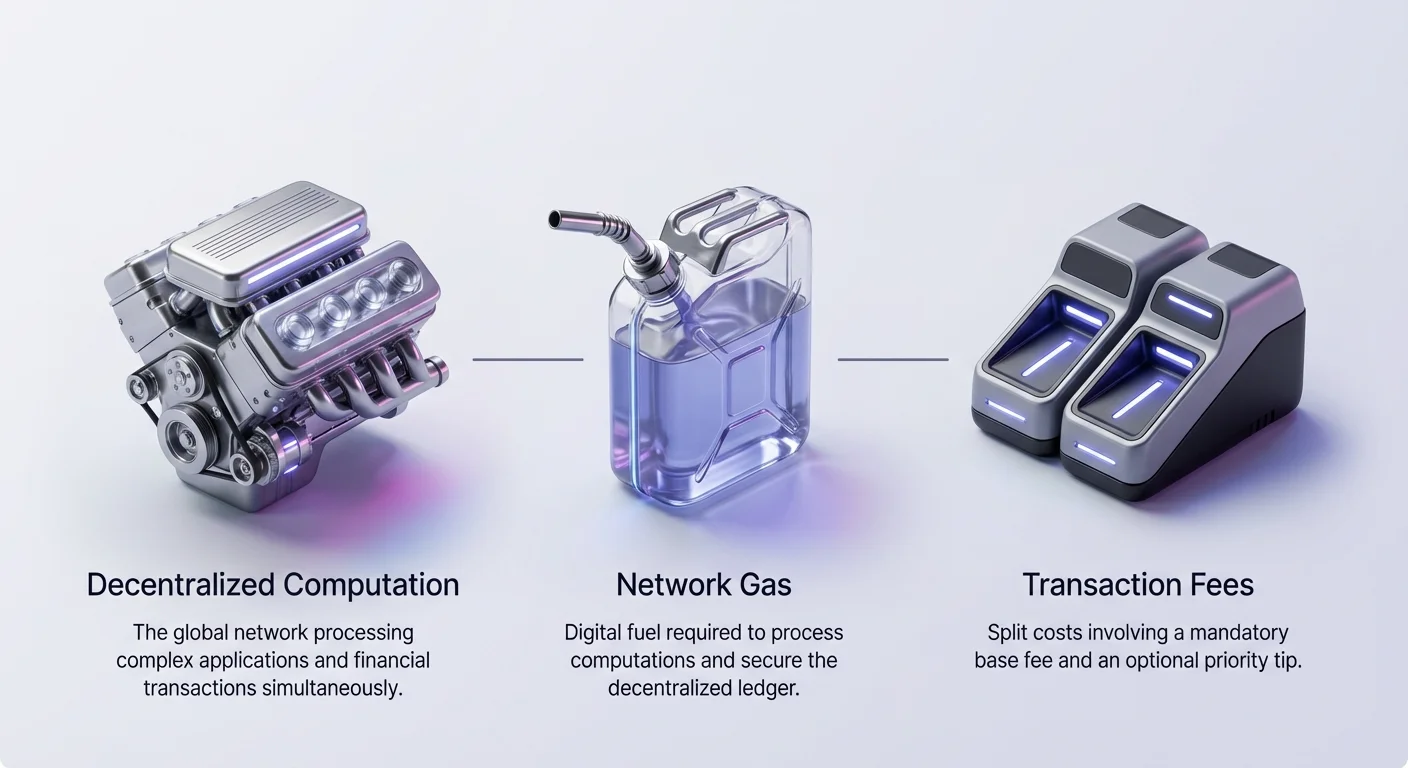 Infographic illustrating Ethereum gas basics: left, polished engine block for decentralized computation; center, glowing fuel canister for network gas; right, dual-chamber terminal for transaction fees.