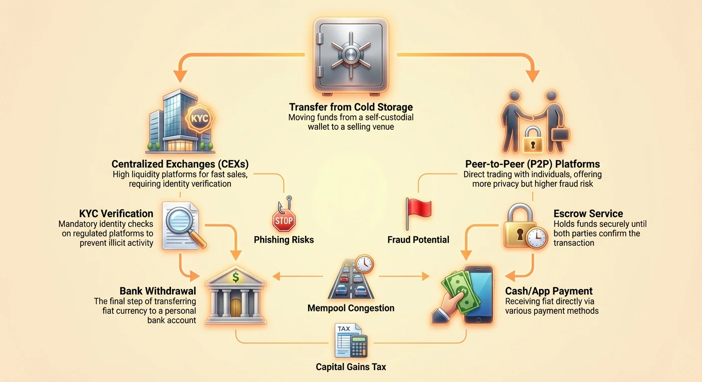 Detailed infographic diagram of the end-to-end Bitcoin off-ramp process, comparing centralized exchanges (CEXs) and peer-to-peer (P2P) platforms with key steps, risks, and considerations.