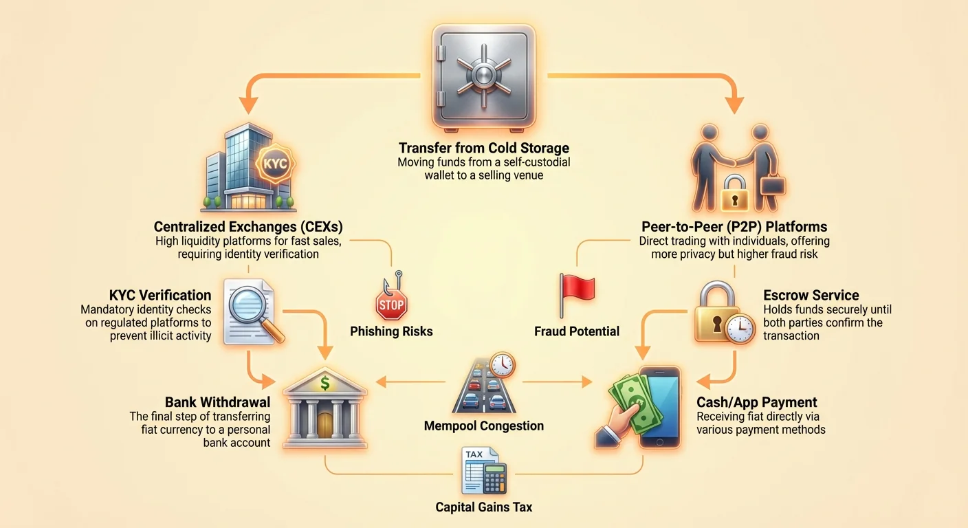 Detailed infographic diagram of the end-to-end Bitcoin off-ramp process, comparing centralized exchanges (CEXs) and peer-to-peer (P2P) platforms with key steps, risks, and considerations.