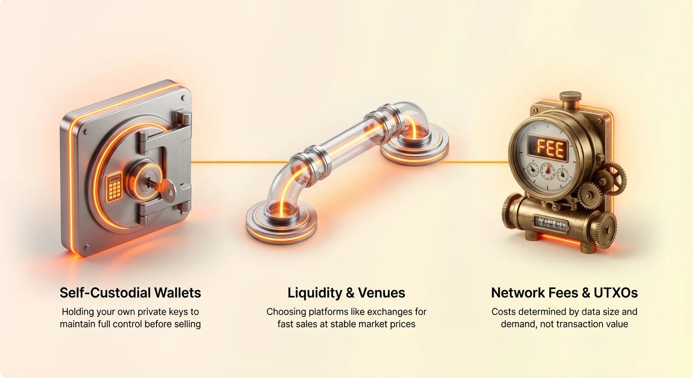 High-level infographic overview of three Bitcoin exit strategy pillars: secure custody, finding liquidity, and understanding network fees.