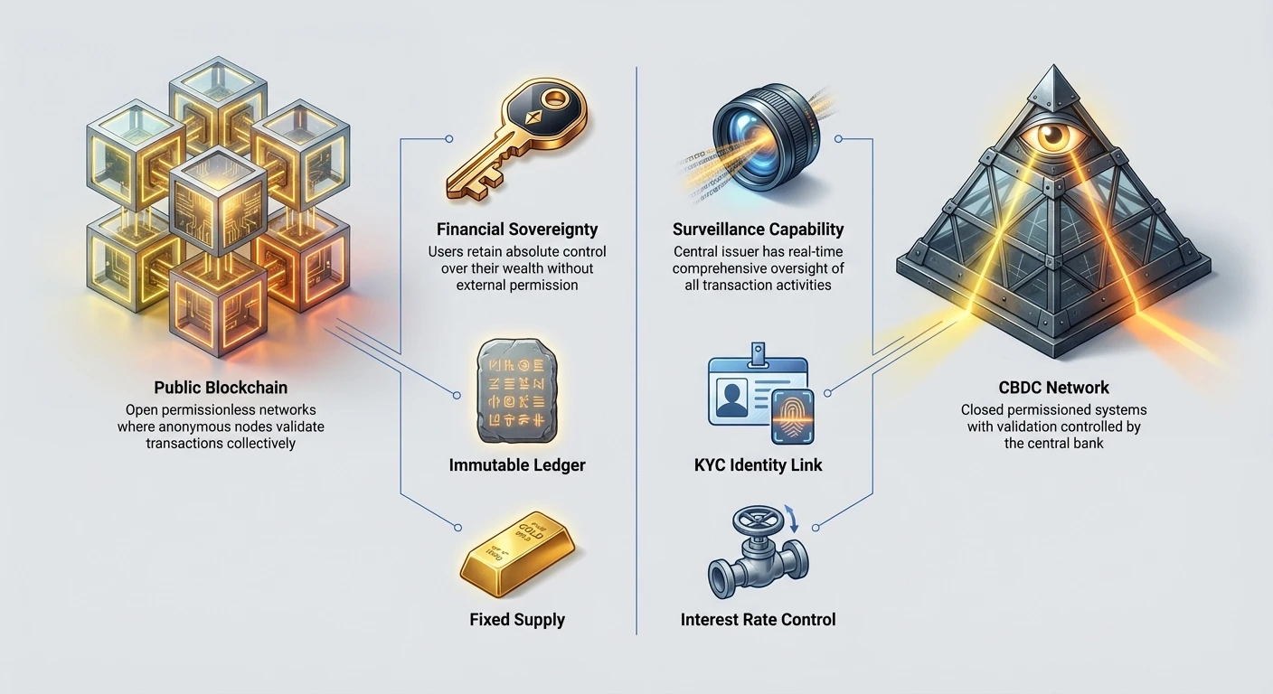 Detailed infographic comparing cryptocurrency and CBDC in split layout. Left side: public blockchain, financial sovereignty, immutable ledger, fixed supply. Right side: CBDC network, surveillance capability, KYC identity link, interest rate control.