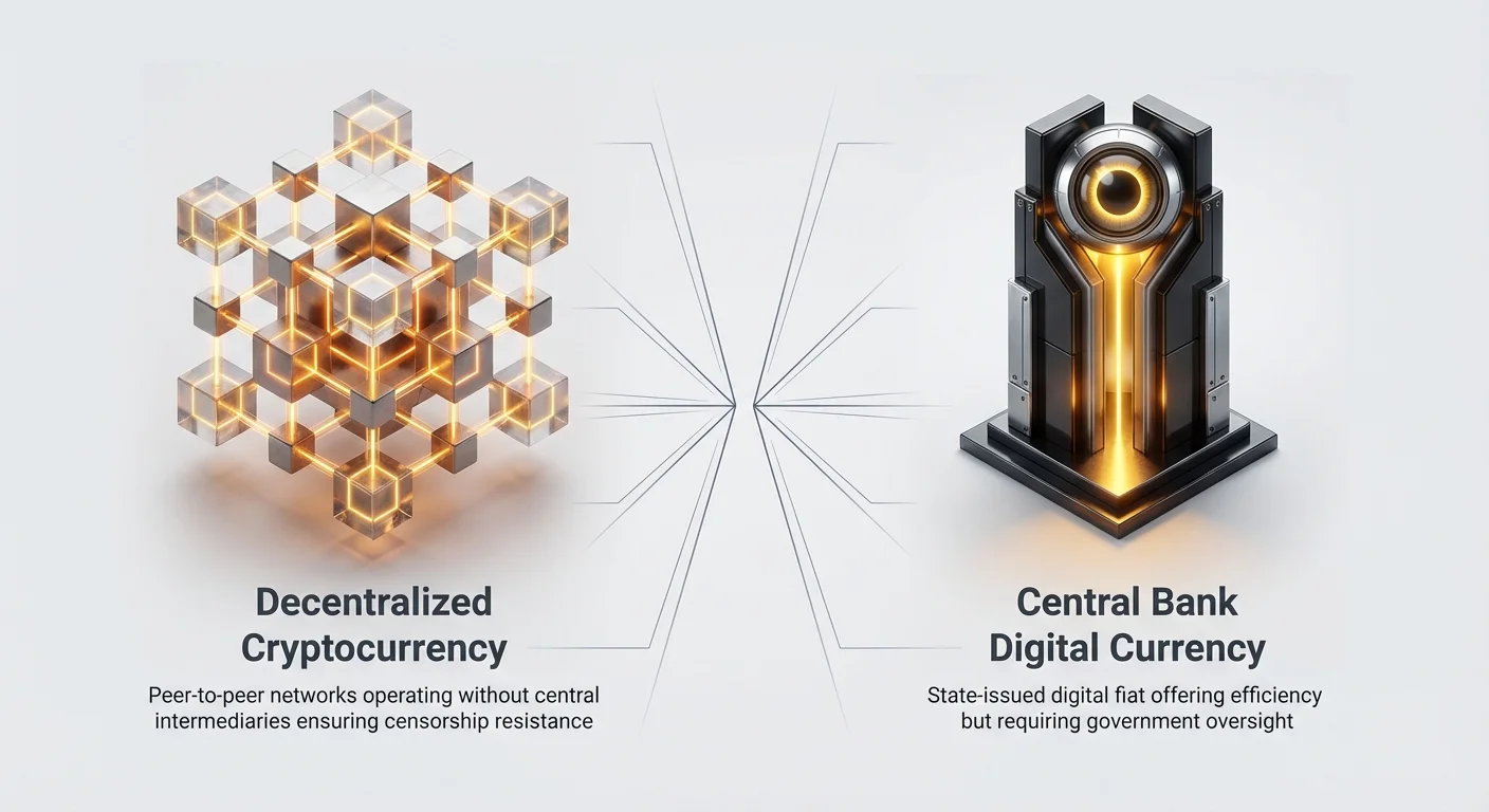 Infographic contrasting decentralized cryptocurrency with peer-to-peer networks free of central intermediaries against central bank digital currency, state-issued fiat under government oversight.
