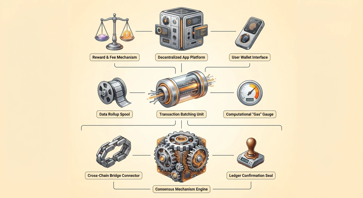 Detailed vertical infographic of blockchain scalability stack: Layer 3 with app platform, rewards, and wallet interface; Layer 2 with batching, rollups, and gas gauge; Layer 0/1 with consensus, bridges, and ledger seal.
