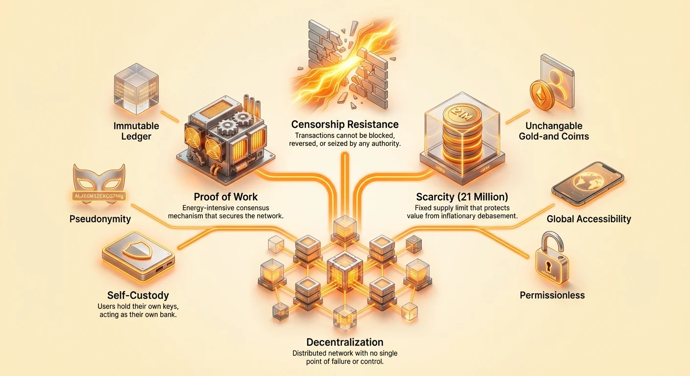 Infographic depicting decentralization as the central foundation of Bitcoin's unconfiscatable money, with radiating pillars for censorship resistance, proof-of-work, scarcity, self-custody, immutable ledger, and pseudonymity.