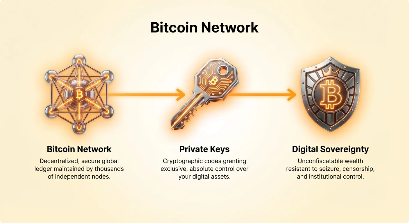 Infographic showing left-to-right progression from decentralized Bitcoin network icons to private keys control, culminating in digital sovereignty and unconfiscatable wealth.