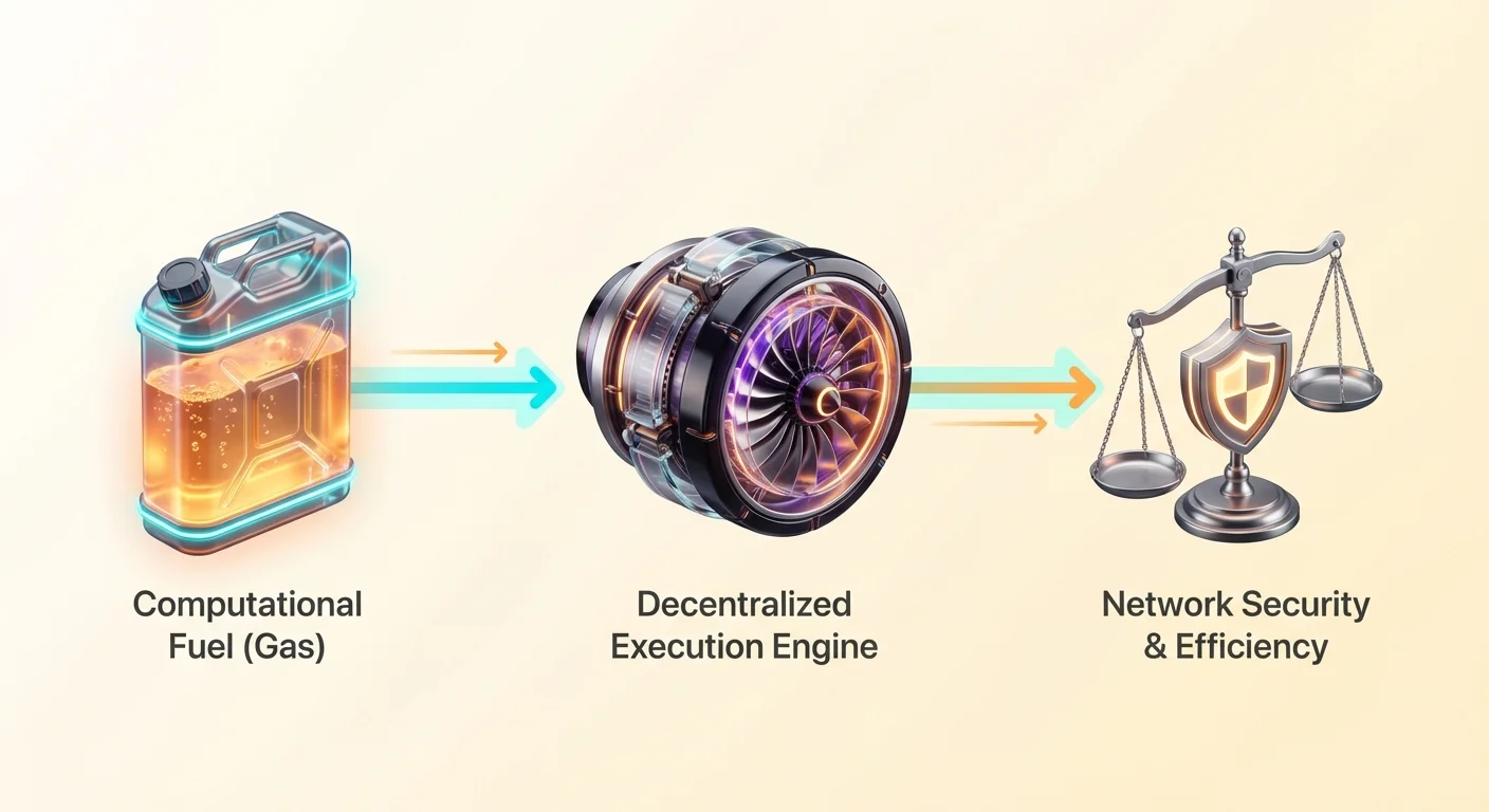 Clean infographic illustrating gas as computational fuel powering decentralized execution engines for blockchain network security and efficiency.