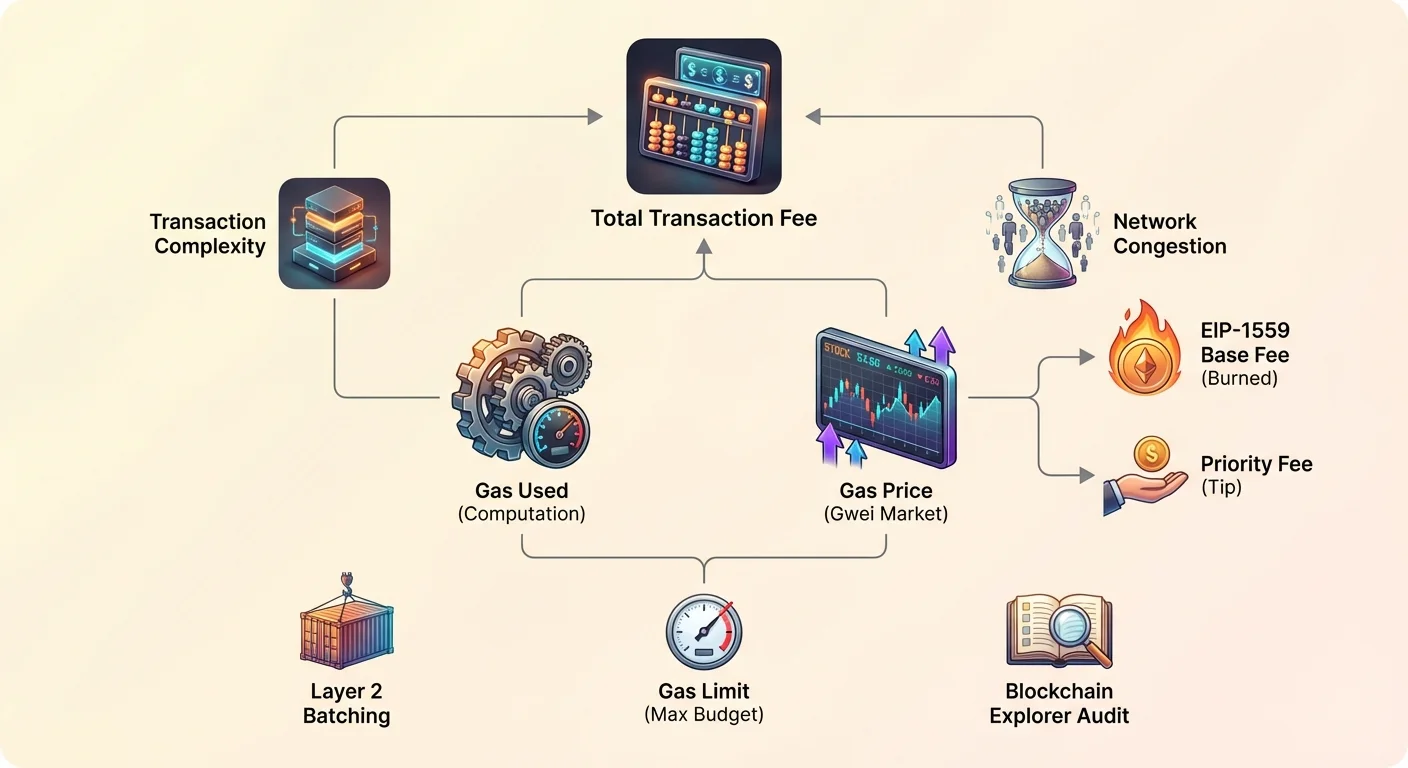 Detailed infographic flow diagram showing transaction complexity and network congestion influencing gas used and gas price to calculate total fees, with EIP-1559 burn and Layer 2 batching tools.