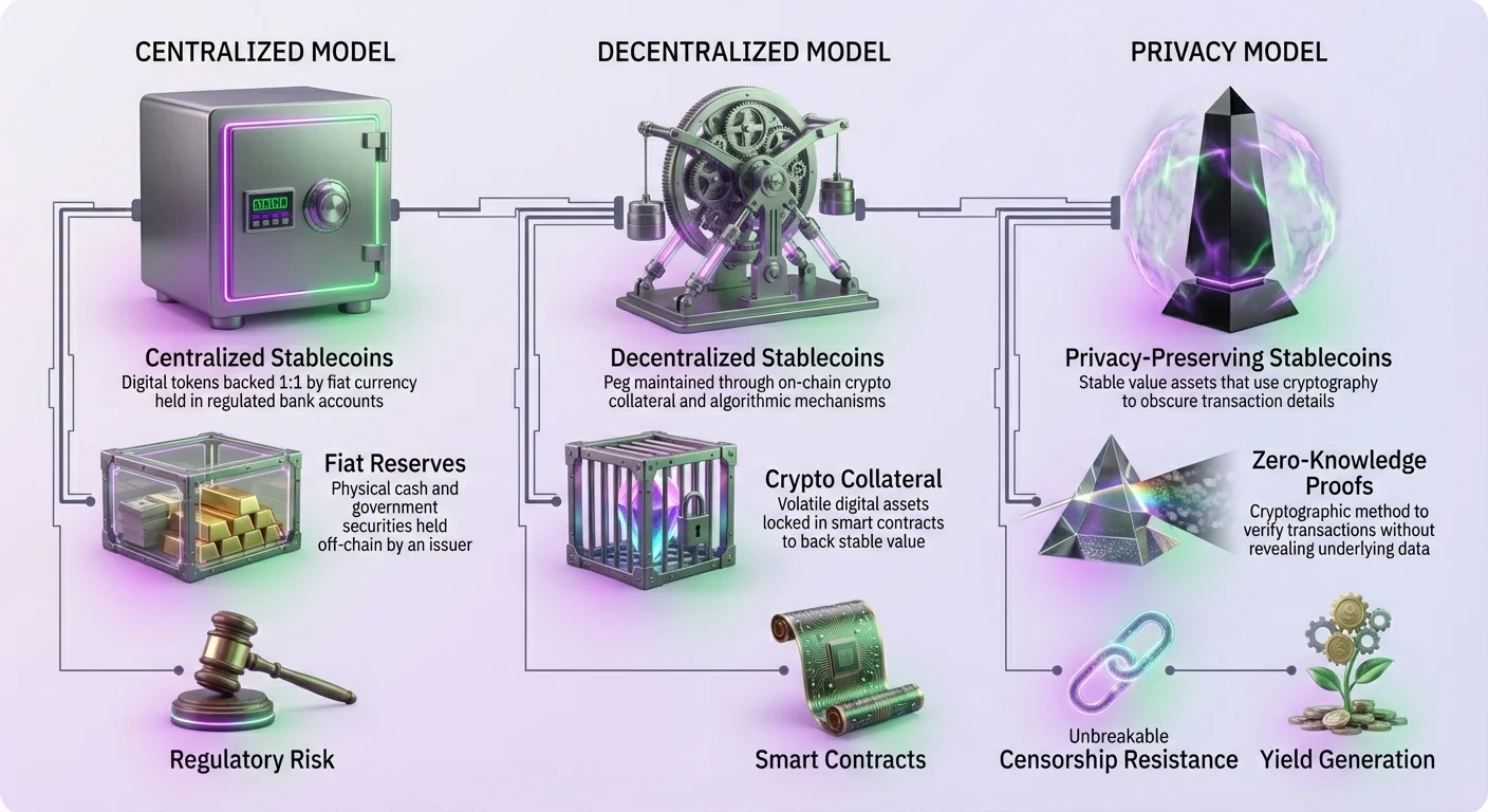 Infographic with three columns comparing stablecoin models: centralized backed by fiat reserves facing regulatory risk; decentralized using crypto collateral and smart contracts; privacy-preserving with zero-knowledge proofs, censorship resistance, and yield generation.