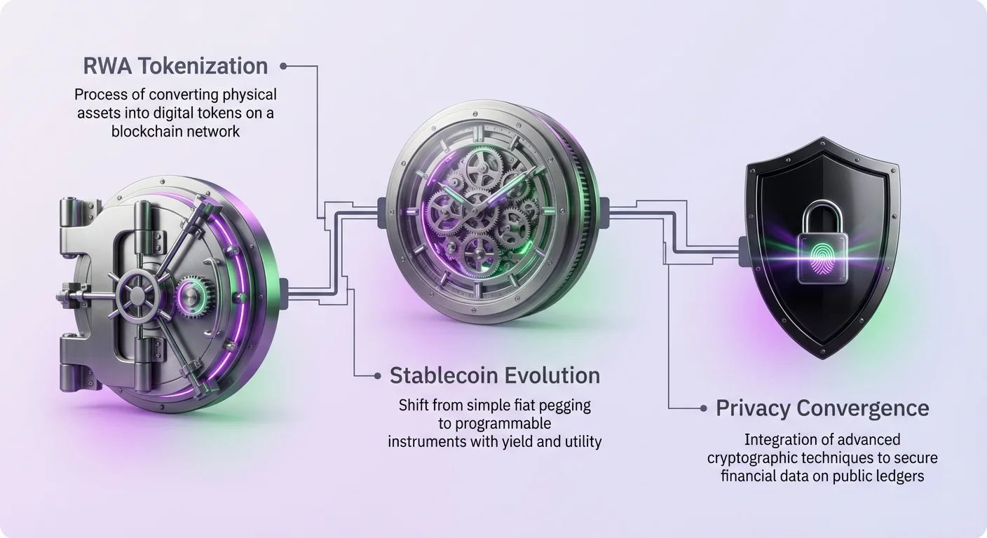 Simple infographic overview of RWA tokenization, stablecoin evolution from fiat pegs to yield-bearing instruments, and privacy convergence using cryptography on blockchains.