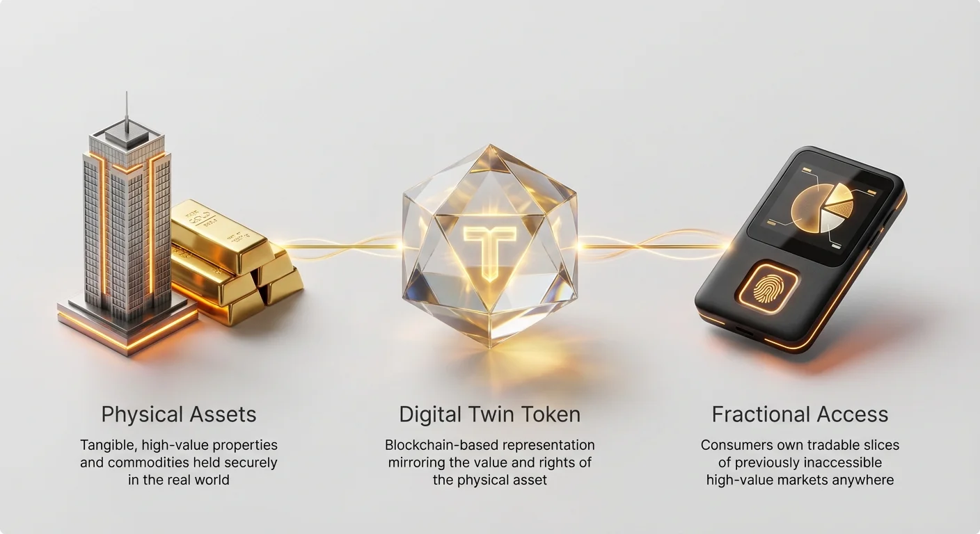 Conceptual infographic bridging physical high-value assets to blockchain digital twin tokens, enabling fractional ownership and access to exclusive markets for consumers.