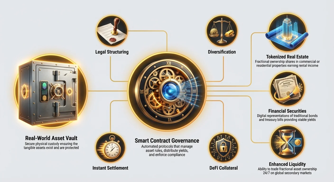 Infographic depicting Smart Contract Governance as central hub connecting Real-World Asset Vault to tokenized real estate, financial securities, and benefits like enhanced liquidity, diversification, and DeFi collateral.