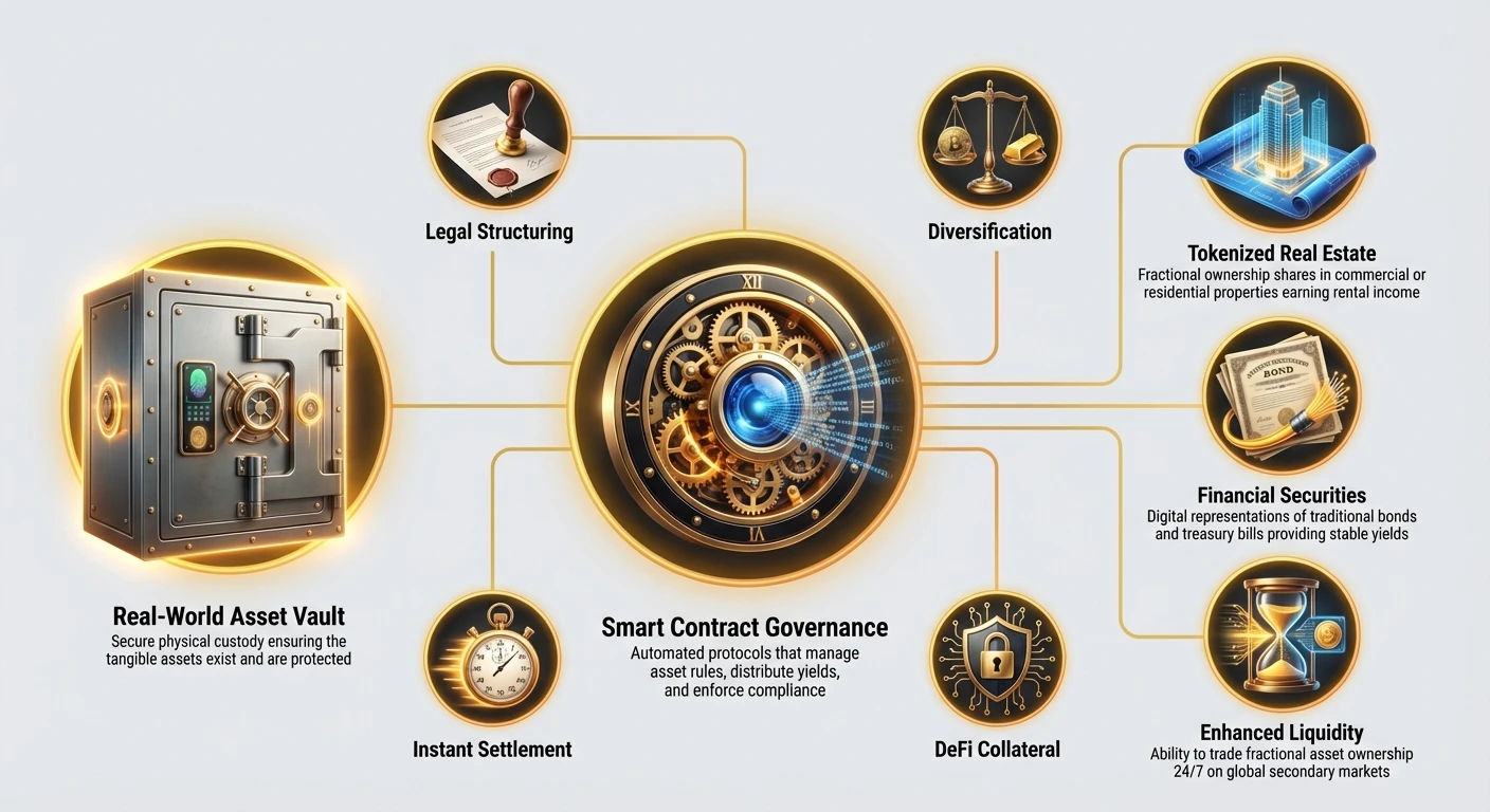 Infographic depicting Smart Contract Governance as central hub connecting Real-World Asset Vault to tokenized real estate, financial securities, and benefits like enhanced liquidity, diversification, and DeFi collateral.