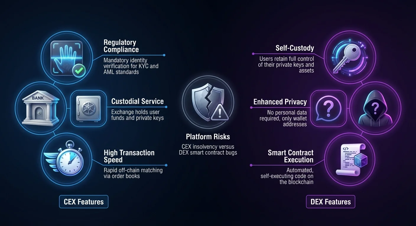 Infographic providing in-depth comparison of centralized (CEX) and decentralized (DEX) crypto exchanges, detailing specific features and shared risks.