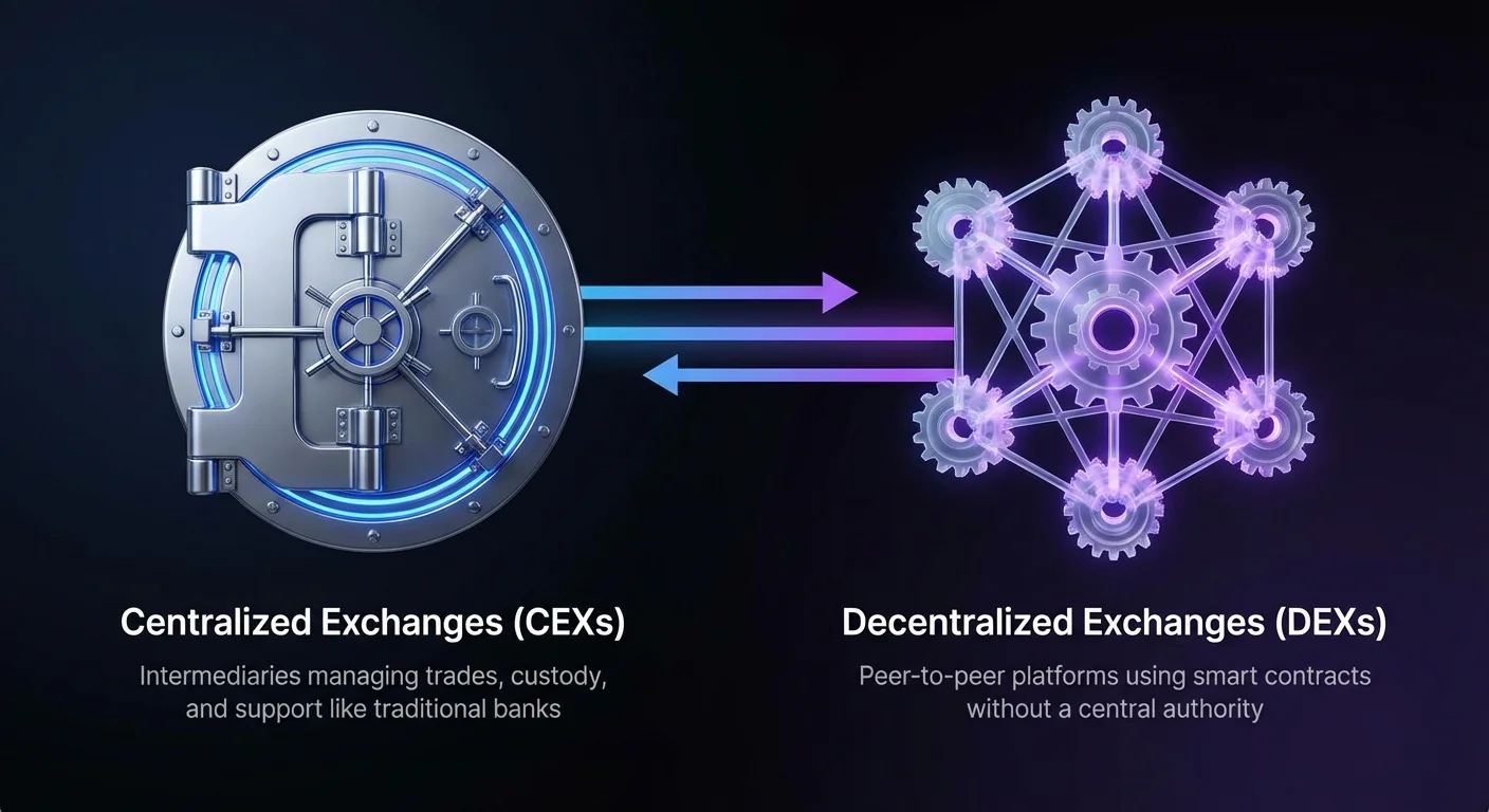 Side-by-side high-level overview comparing core functions of centralized and decentralized cryptocurrency exchanges.