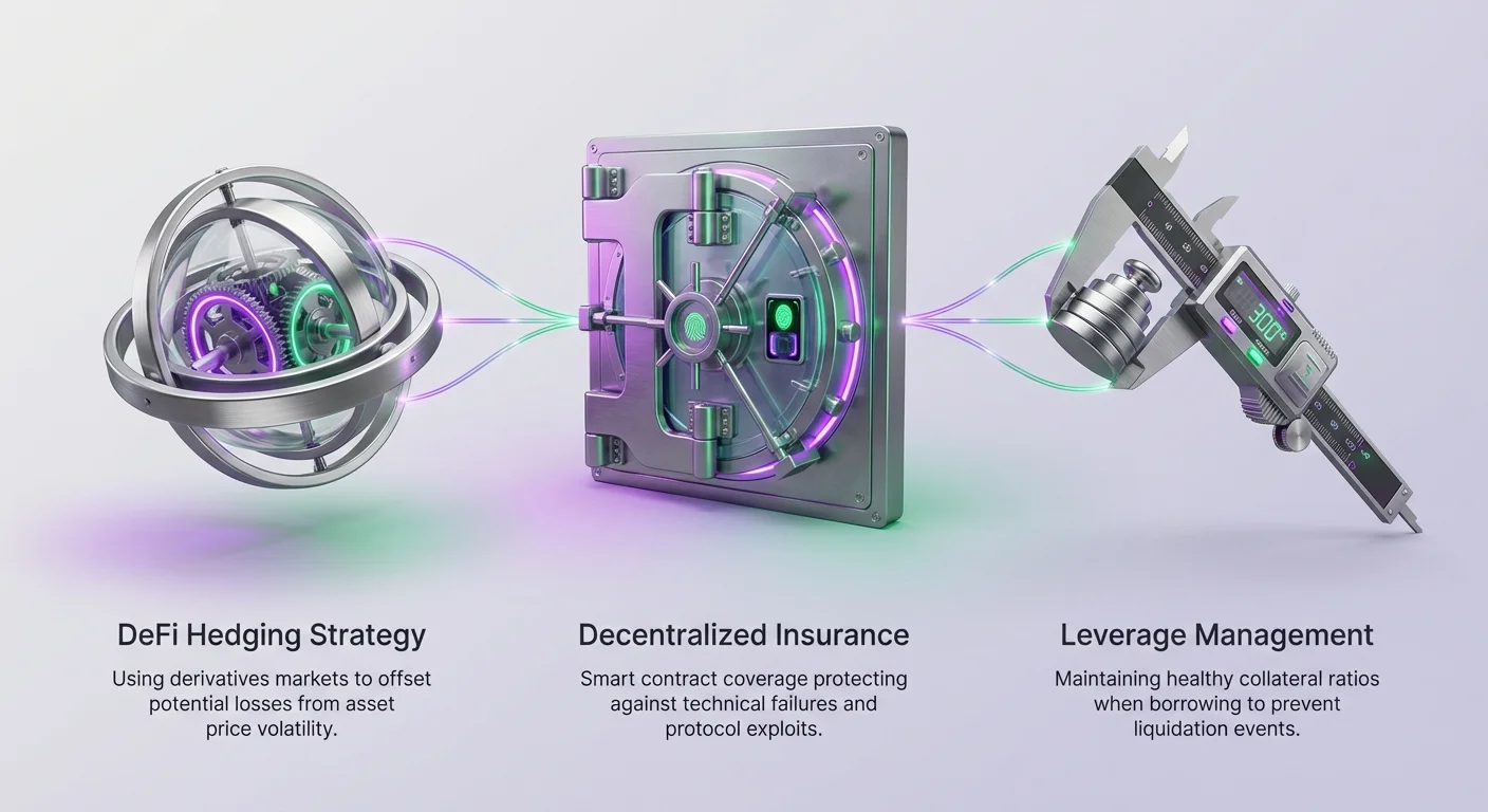 Simple overview infographic of DeFi risk framework's three pillars: hedging with derivatives for volatility, decentralized insurance for smart contracts, and leverage management for collateral health.