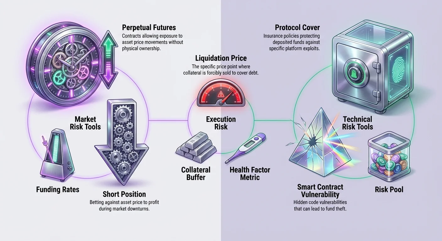 Split infographic contrasting DeFi market risk tools like perpetual futures and short positions with technical risk tools like protocol cover and smart contract vulnerabilities, centering execution risk including liquidation price and collateral buffer.