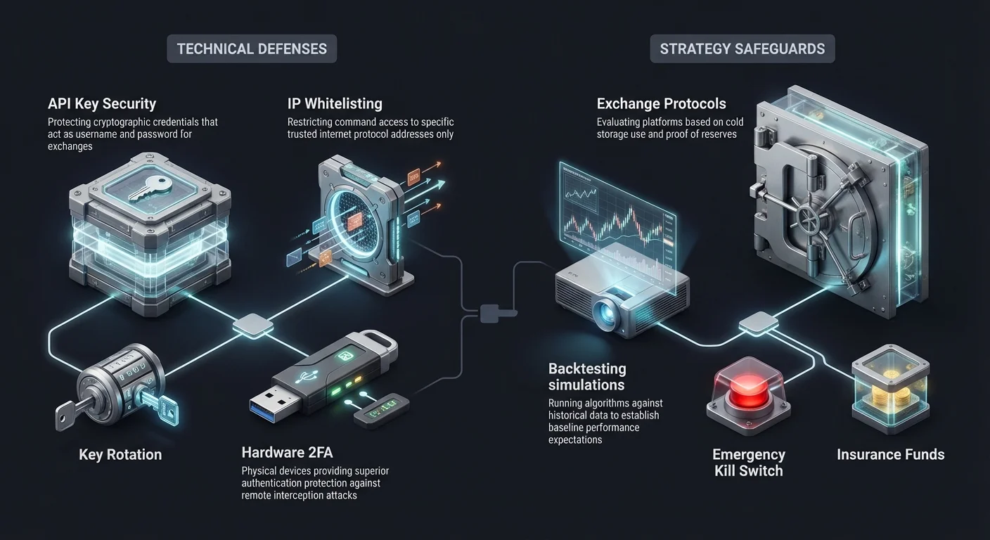 Detailed infographic dividing trading bot security into technical defenses like hardware 2FA and IP whitelisting, and strategy safeguards including backtesting and emergency kill switches.