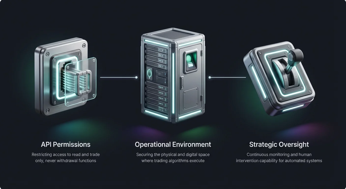 High-level overview of automated trading security, highlighting three pillars: API permissions, physical and digital environment, and human oversight.