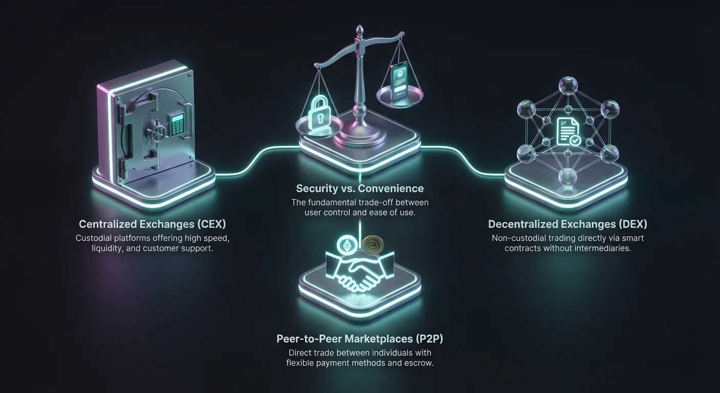 High-level overview of crypto platforms including Centralized Exchanges (CEX), Decentralized Exchanges (DEX), and Peer-to-Peer (P2P) marketplaces, showing the key trade-off between security and convenience.