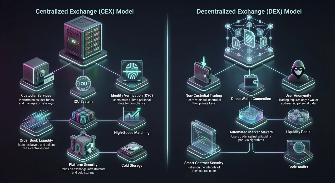 Side-by-side infographic comparing centralized (CEX) and decentralized (DEX) exchanges, detailing differences in custody, privacy/KYC, liquidity sourcing, and security architecture trade-offs.