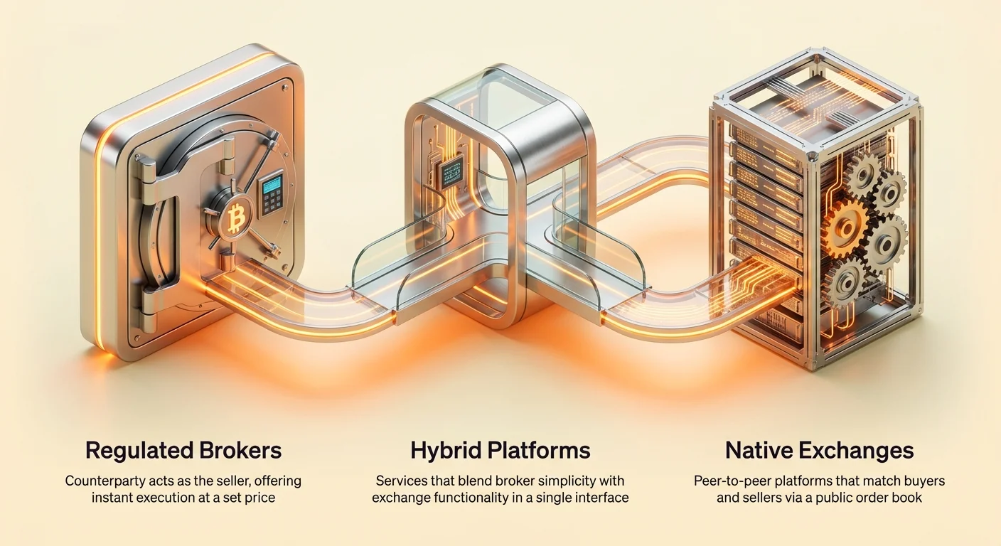 Infographic overview of cryptocurrency entry points: regulated brokers with instant execution, native exchanges matching buyers and sellers via order books, and hybrid platforms blending both.