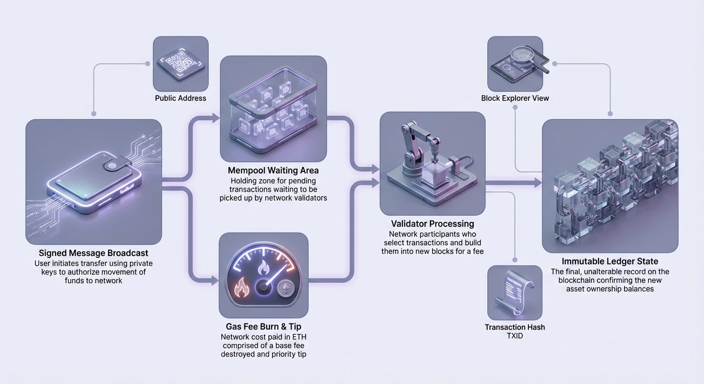 Detailed diagram illustrating the complete Ethereum transaction lifecycle from signed broadcast through mempool, validators, and gas fees to final ledger confirmation.