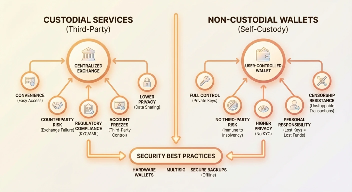 Infographic comparing custodial and non-custodial crypto wallets, highlighting private key security as key defense against fraud.