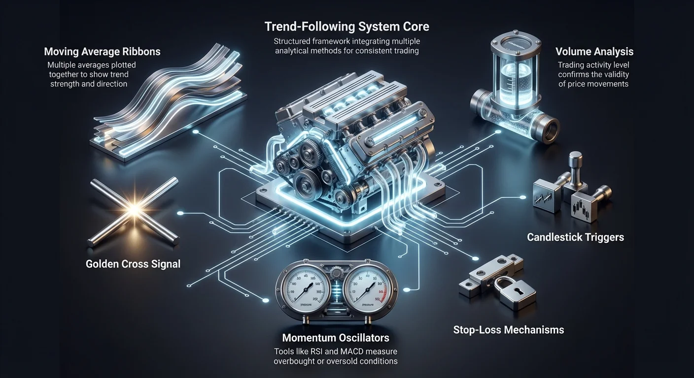 Detailed hub-and-spoke infographic of cryptocurrency trend-following system core, with moving average ribbons, volume analysis, momentum oscillators, golden cross, candlestick triggers, and stop-loss mechanisms.