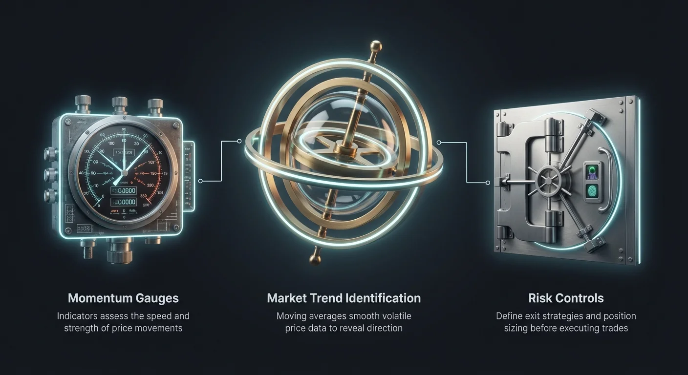 Infographic overview of trend-following system: market trend identification with moving averages, momentum gauges assessing price speed and strength, and risk controls for exits and position sizing.