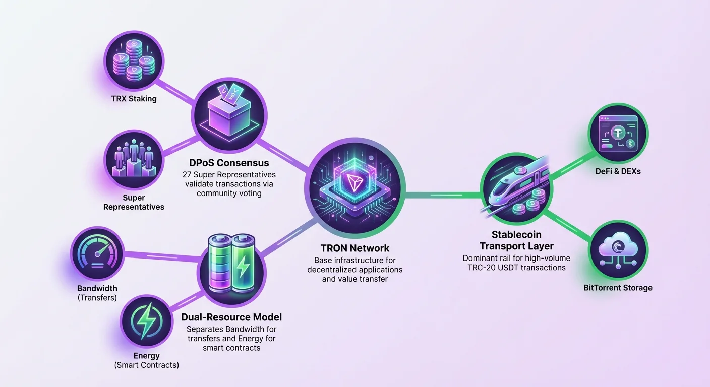 Infographic of TRON network hub-and-spoke layout: DPoS consensus with TRX staking and super representatives, dual-resource model for bandwidth transfers and energy smart contracts, utility for stablecoins, DeFi, DEXs, BitTorrent.