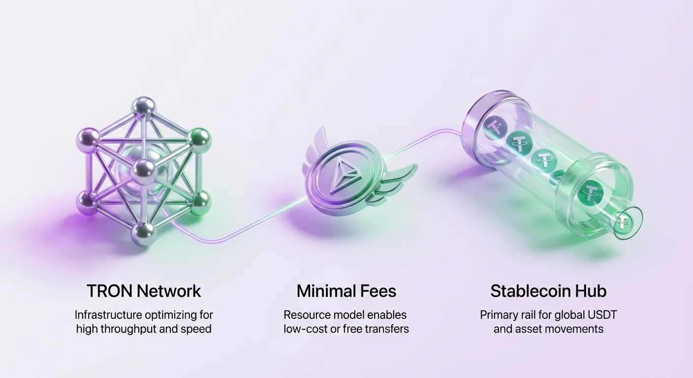 Simple infographic overview of TRON Network as a stablecoin hub featuring minimal fees, high speed, and cost-efficiency for rapid value transfers.