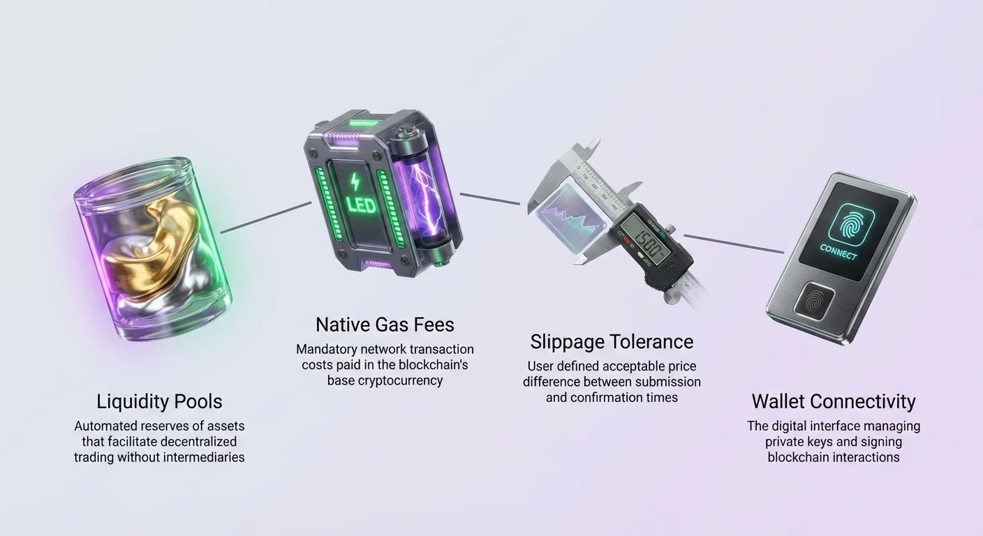 Clean high-level infographic showing four core pillars of a DeFi transaction using photorealistic macro images of symbolic objects for easy understanding.