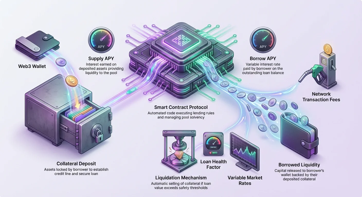 Infographic depicting DeFi borrowing process: Web3 wallet deposits collateral into smart contract protocol, outputs borrowed liquidity. Highlights supply/borrow APY, variable rates, transaction fees, loan health factor, and liquidation mechanism.