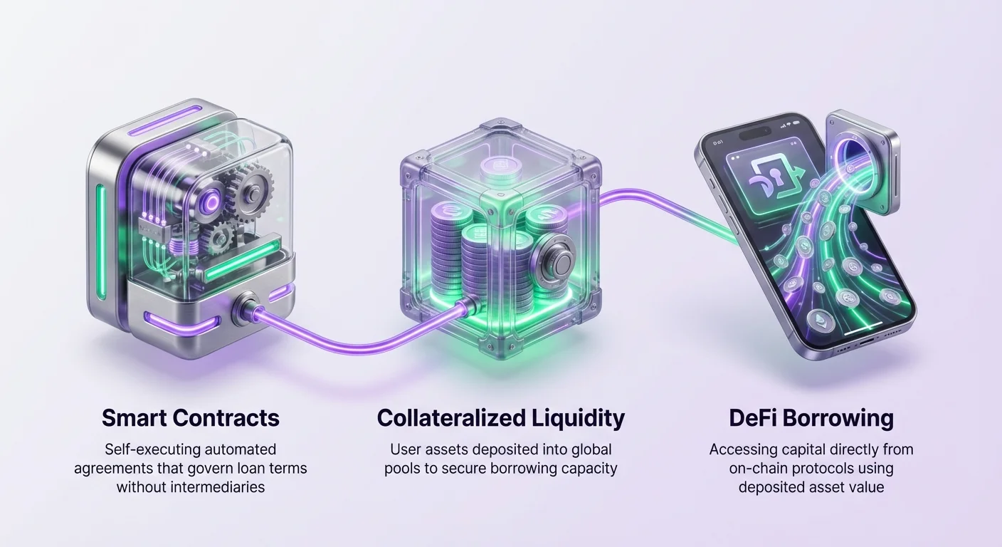 Simple infographic overview of DeFi borrowing's three pillars: smart contracts as self-executing agreements, collateralized liquidity from user deposits, and access to on-chain capital.