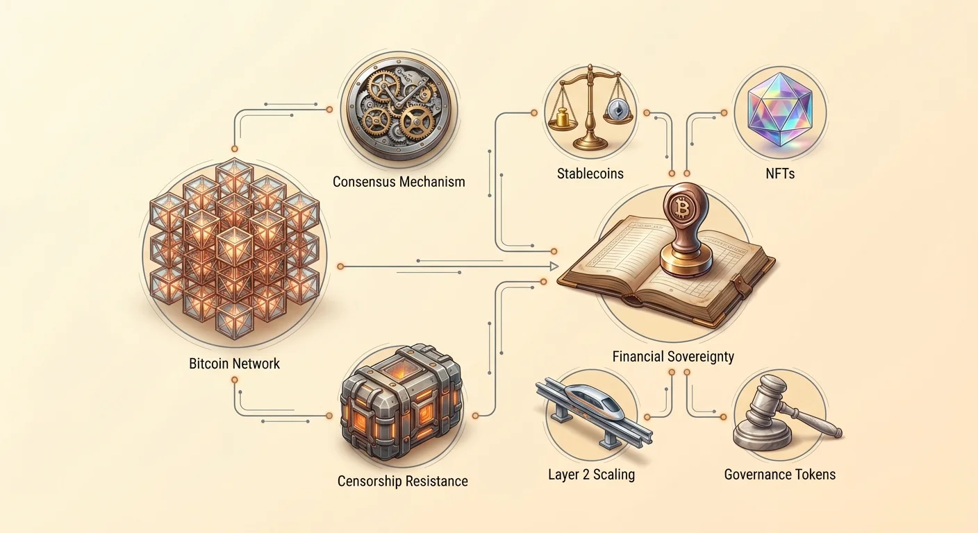 Infographic depicting left-to-right flow from foundational Bitcoin network, consensus, censorship resistance to ecosystem utilities like smart contracts, stablecoins, NFTs, Layer 2, governance tokens, achieving financial sovereignty.