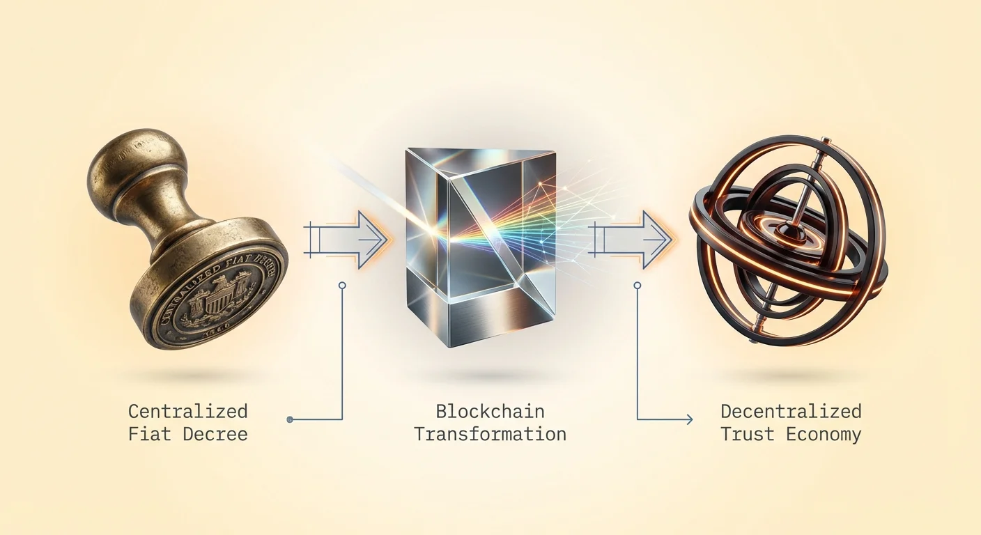 Simple infographic showing transition from centralized fiat decree, through blockchain transformation, to decentralized trust economy in finance.