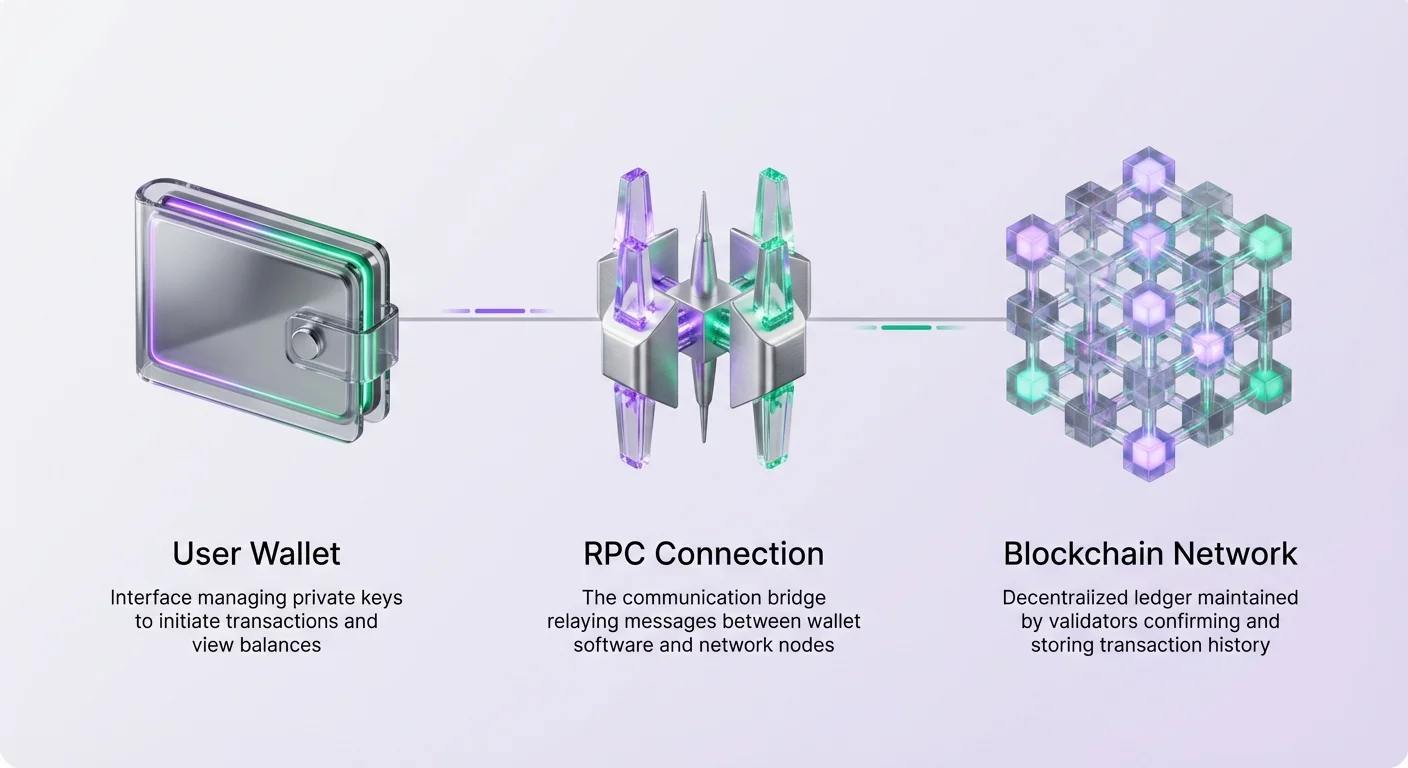 A linear diagram illustrating the basic flow from a user wallet through an RPC connection to the blockchain network.