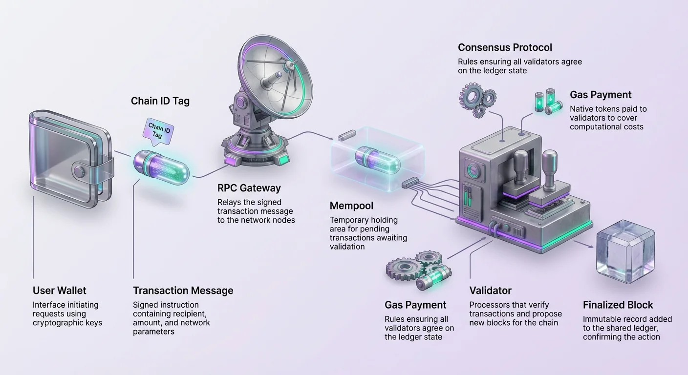 Detailed infographic depicting transaction journey from user wallet with Chain ID tag, through RPC gateway to mempool, processed by validator using consensus protocol and gas payment, to finalized block.