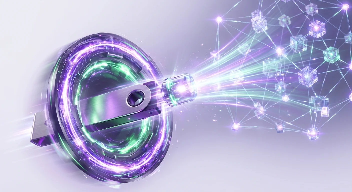 Dynamic freeze-frame of a glowing data capsule launching from a device, passing through a gateway portal, and illuminating a vast blockchain network lattice.