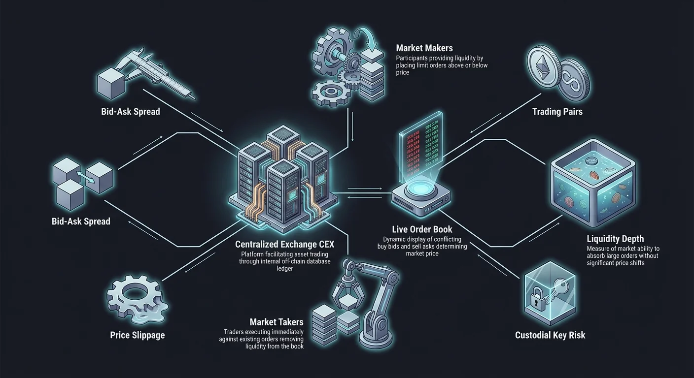 Detailed infographic diagram of centralized exchange order book hub branching to market makers, takers, liquidity depth, bid-ask spread, trading pairs, price slippage, and custodial key risk.