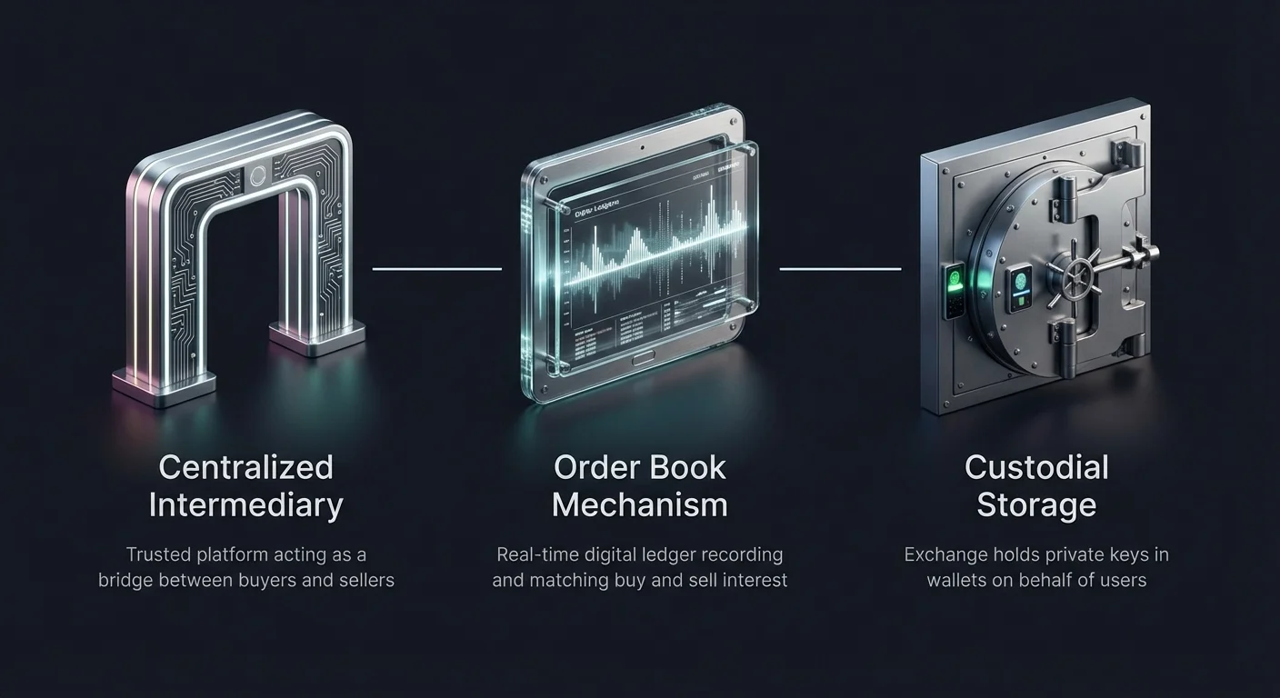 High-level infographic of centralized exchange's three pillars: trusted intermediary platform bridging buyers and sellers, order book matching engine, and custodial storage holding user keys.